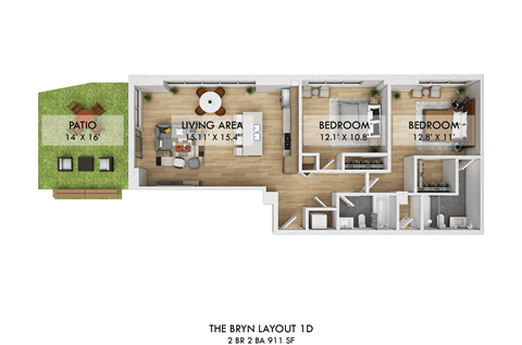 Floor plan for 2 beds, 2 baths, 950 sqft
